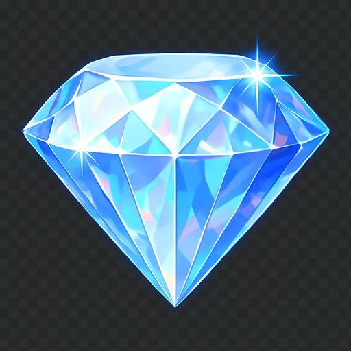 Un diamante grande, multifacetado, con destellos luminosos y un brillo intenso. Debe parecer una joya preciosa. Colores claros y translúcidos (blanco, azul pálido) con reflejos iridiscentes. Estilo de casino de lujo. Fondo transparente. Es el símbolo de mayor valor (50x), debe ser visualmente impactante y deslumbrante..
In-Game asset.  2d.  High contrast.  No shadows