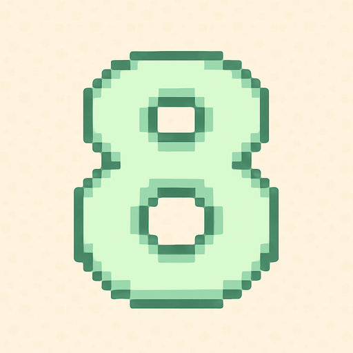 A pixel art number "8" designed for a cozy, cute retro 2D game UI with a bird theme. The number is rendered in soft pastel light green tones to harmonize with the gentle and sweet aesthetic of the game. It has a clean, simple, and rounded pixel style with no harsh edges, fitting perfectly within the pixel art UI style. The number is bold and easily readable at small sizes..
In-Game asset.  2d.  High contrast.  No shadows. pixel art. retro. 2d ui. number. pastel light green. simple. rounded edges. bold. cute. minimal