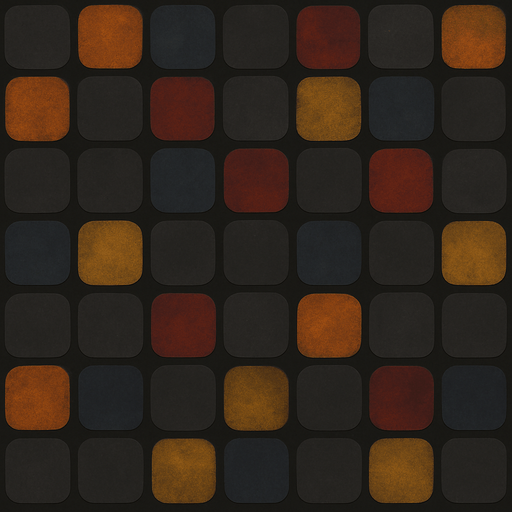 şekli ve mantığı bozma. her bir karenin rengine rasgele şu 4 renkten birini ekle ama sıvı boya mantığıyla düşün %15 ekle yanı hala koyu gri olsun ama çok az renk karıştır. turuncu, kırmızı, sarı, mavi her bir karenin rengine rasgele