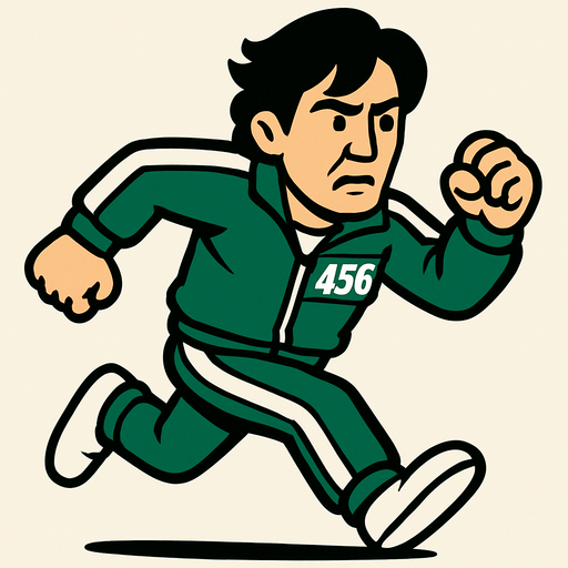 Crea al player del juego el calamar con el traja verde corriendo con el numero 456..
In-Game asset.  2d.  High contrast.  No shadows