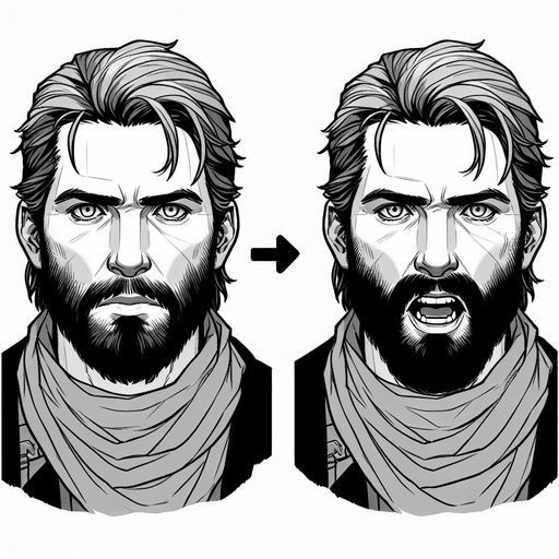 бородатый парень и он же с открытым ртом.
Single Game Texture. In-Game asset. 2d. Blank background. High contrast. No shadows.