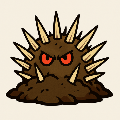 una planta que emerge del suelo como una masa de tierra marrón, semi-enterrada. De ella sobresalen una serie de púas afiladas de color beige, de diferentes tamaños y ángulos, dispuestas en varias filas. En el centro, asoman dos ojos pequeños y rojos, con una mirada intensa y ligeramente enojada..
In-Game asset.  2d.  High contrast.  No shadows