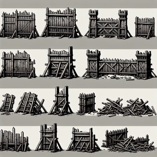 A spritesheet of tall wooden barricades and pallisades from medieval times, including some frames where these have been destroyed and broken into smaller parts..
Single Game Texture. In-Game asset. 2d. Blank background. High contrast. No shadows.