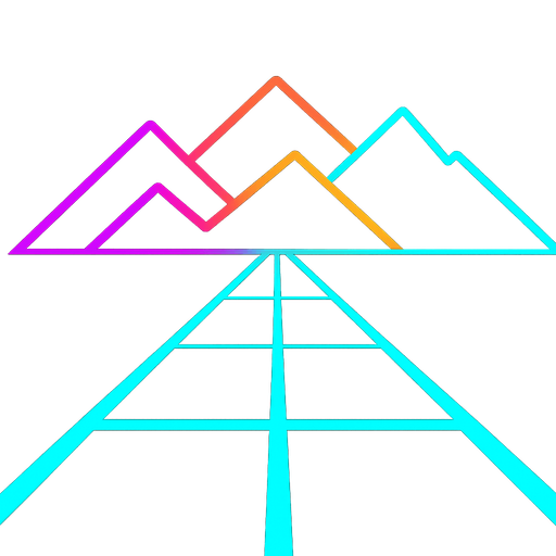Minimalistic Neon path like tron and some minimalistic mountains with a gradient.
In-Game asset.  2d.  High contrast.  No shadows