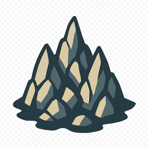 2D game asset, vector style, high contrast, flat colors, no shadows, a rocky outcrop or reef formation with multiple jagged peaks, suitable for a top-down game perspective, transparent background, PNG format..
In-Game asset.  2d.  High contrast.  No shadows