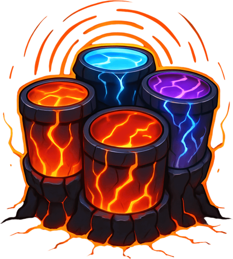 Una estructura imponente, como una batería gigante, con tambores hechos de cristales vibrantes o rocas volcánicas incandescentes. Podría tener vetas de energía luminosa (magma, hielo o electricidad) recorriendo su superficie, y un aura de pulsaciones rítmicas visibles. La base podría estar agrietada por la energía que emana..
In-Game asset.  2d.  High contrast.  No shadows