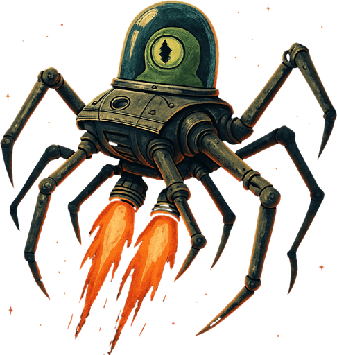 Imagine a multi-legged space machine, its legs sprawling at varied, dynamic angles, giving it an organic yet mechanical feel. Encased within a transparent tube, a one-eyed green alien watches intently. Beneath the ship, vivid rocket flames burst forth, illuminating the dark void of space with fiery intensity.