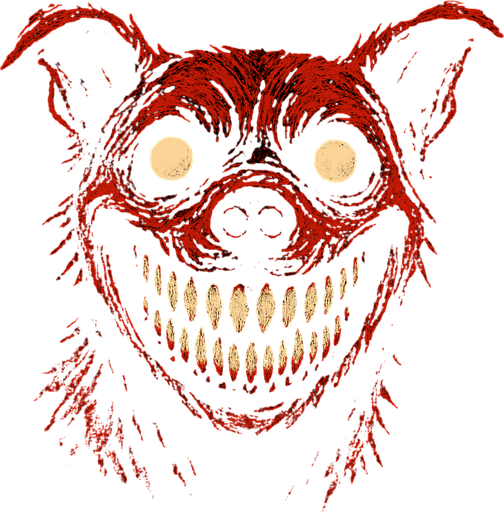 The image displays a highly disturbing and unsettling close-up of what appears to be a dog's head, heavily distorted and manipulated to create a horrific effect. The most striking feature is the dog's mouth, stretched into an impossibly wide and menacing grin that reveals numerous sharp, human-like teeth. Its eyes are wide open, round, and blank white or glowing, contributing to an overall vacant and soulless stare. The fur around its face and head is colored in aggressive shades of red and dark brown, giving it a bloodied or demonic appearance. The overall impression is that of a creature from a horror story, designed to evoke fear and discomfort. The background is completely black, isolating the terrifying subject and intensifying its impact..
In-Game asset.  2d.  High contrast.  No shadows