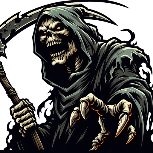 full body angry taunt orc grim reaper style.
Single Game Texture.  In-Game asset.  2d.  Blank background.  High contrast.  No shadows