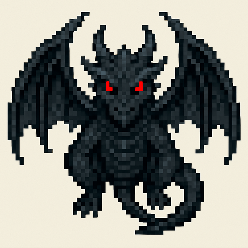 um dragão negro com olhos vermelhos, arte pixel 32bits, vista frontal aerea.
In-Game asset.  2d.  High contrast.  No shadows