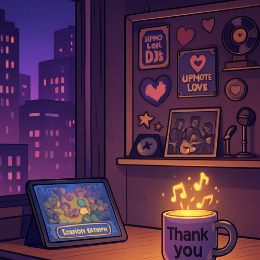 A 2048x2732 vertical background illustration in a semi-realistic comic book style. The scene takes place in another corner of the same urban apartment — this time showing an open space near a shelf filled with music memorabilia, fan-made items, and a pinboard with stickers like “Support Local DJs”, “Upvote Love”, and pixel-style hearts. A tablet on the desk is open to a game page with a “Leave a review” banner. There’s a soft spotlight on a coffee mug with “Thank you” written on it and glowing music notes floating around it. The city lights outside still shine in purples and blues, but this part of the room feels more hopeful and connected. The vibe is warm, welcoming, and subtly celebratory. No characters or text. In-game menu background, consistent with main menu themes..
In-Game asset.  2d.  High contrast.  No shadows