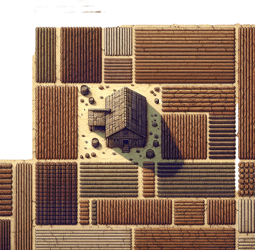 A straight top down perspective illustration of a large empty field with fertile, plowed but unplanted brown soil.There should be a farmhouse near the top..
Single Game Texture. In-Game asset. 2d. Blank background. High contrast. No shadows.