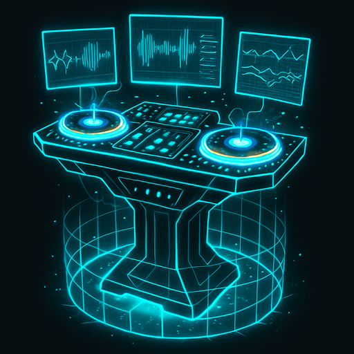 Una torre que es una mesa de DJ futurista y auto-programable, flotando sobre el suelo. Tendría múltiples pantallas holográficas que muestran complejos patrones de ondas sonoras y datos. Los platos serían discos de energía giratorios que emiten luz y chispas, y la torre en sí podría estar rodeada por un campo de fuerza o una rejilla de luz..
In-Game asset.  2d.  High contrast.  No shadows