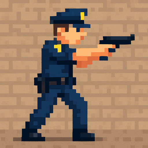 un policia  de cuerpo completo hecho con pixeles con persepectiva lateral apuntando con un arma
I