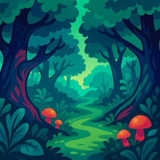 Fond d'écran forêt enchantée.
In-Game asset.  2d.  High contrast.  No shadows