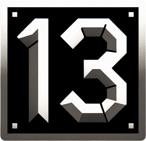 the number 13 written in black.
Single Game Texture. In-Game asset. 2d. Blank background. High contrast. No shadows.