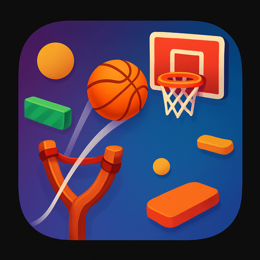 Modern App Store icon, high definition, square with rounded corners, for a game titled "Basket Bounce Challenge" and with the description "A colorful basketball puzzle game with slingshot mechanics across 20 challenging levels. Drag and release the ball to score, progressing from simple shots to complex bank shot puzzles with moving hoops and obstacles.". No text on icon!