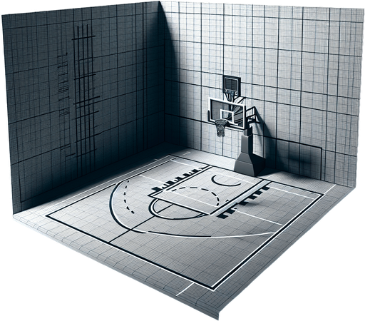 篮球场，写实风格，视角是站在篮球场中心看向其中一个篮筐，在体育馆内.
Single Game Texture. In-Game asset. 2d. Blank background. High contrast. No shadows.