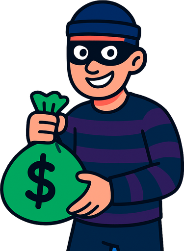 Bu bir oyun menüsü arkaplanı, elinde para çantası tutan 2d bir hırsız altınlar ve paraların olduğu bir odada ekrana bakıyor. canlı renkler.
In-Game asset.  2d.  High contrast.  No shadows