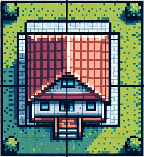 house from above, top down, pixel art, 8 bit style.
Single Game Texture. In-Game asset. 2d. Blank background. High contrast. No shadows.