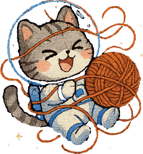 A cute kitten, illustrated in an adorable chibi anime style and wearing an astronaut suit, is playfully tangled in a ball of yarn, floating through space with overwhelming joy. Its eyes are shut tight in pure happiness, and its movements are full of energetic delight.