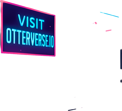 Render a futuristic skyline view from a glass-walled sky-bridge at twilight. Huge digital billboard outside declares ‘Visit otterverse.io’ in crisp neon lettering. Include passing hover-cars, floating particle effects, and a wet floor inside reflecting the lights—no characters or coins..
In-Game asset.  2d.  High contrast.  No shadows