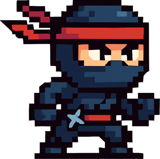 El ninja debe ser un personaje compacto y ágil en estilo pixel art, con un traje negro o azul oscuro que cubra todo su cuerpo excepto los ojos, los cuales deben ser expresivos y ligeramente entrecerrados para mostrar concentración o determinación; puede tener una banda o pañuelo rojo atado en la frente que se extienda hacia atrás con movimiento, y detalles mínimos como cinturón, guantes o pequeñas armas visibles como una estrella ninja al costado; el diseño debe ser simple pero dinámico, con animación sutil de respiración o movimiento de tela, y fondo transparente, ideal para integrarse en un juego de acción o reflejos con estética caricaturesca o retro..
In-Game asset.  2d.  High contrast.  No shadows