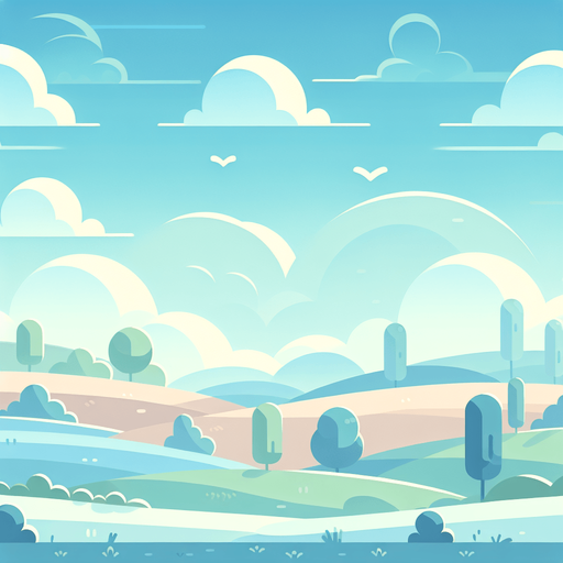 Design a serene and minimalist game background set against a clear blue sky, embodying a light-hearted, cartoony atmosphere. The landscape is uncomplicated, featuring gentle rolling hills and sparse, stylized trees in soft pastel colors. This simplicity ensures the scene remains tranquil and inviting, perfect for creating a balanced and cheerful backdrop that welcomes players into a whimsical yet peaceful gaming world, without any distractions in the sky.
Single Game Texture. In-Game asset. 2d. Blank background. High contrast. No shadows.