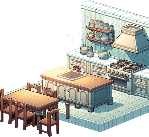 mutfak.
Single Game Texture.  In-Game asset.  2d.  Blank background.  High contrast.  No shadows