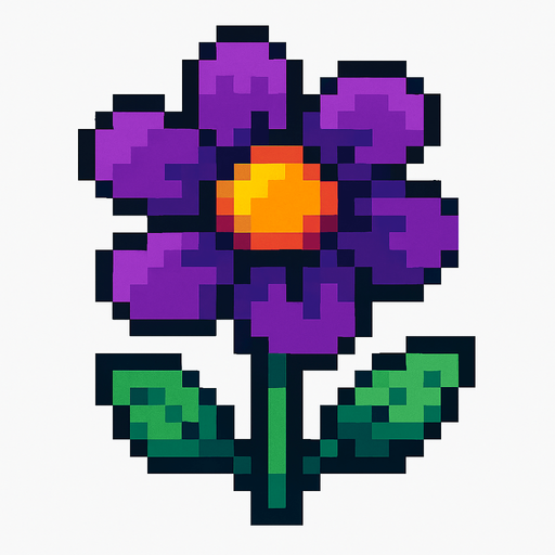 una flor morada de pixeles.
In-Game asset.  2d.  High contrast.  No shadows