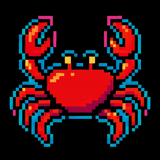 A small red crab. 80s arcade machine graphics..
In-Game asset.  2d.  High contrast.  No shadows