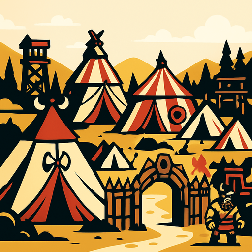 Büyük savaşçı kampı uzaktan görünüm.
In-Game asset.  2d.  High contrast.  No shadows