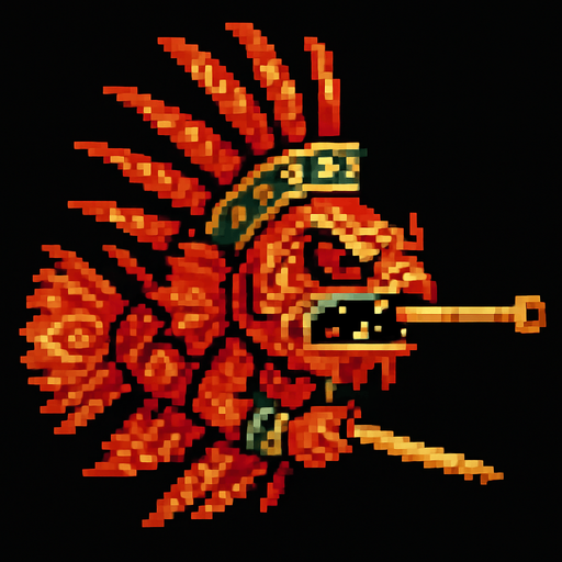 Genérame una Pez leon guerrero azteca con eso patrones, estilo pixelar, con una apariencia maligna, ojos rojos, rabioso. Unidad a distancia, con cerbatana. Animal.
In-Game asset.  2d.  High contrast.  No shadows