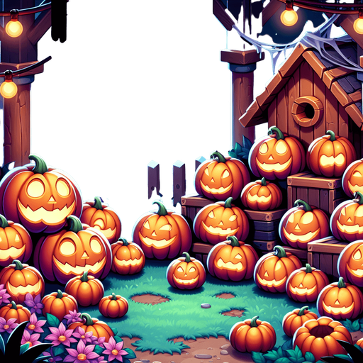 Generate a high quality cartoon background Halloween filled with pumpkins.
Single Game Texture. In-Game asset. 2d. Blank background. High contrast. No shadows.