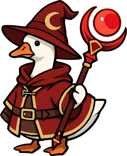 A Emden Goose in Treasure Hoarder Red Moon Mage Outfit with Red Moon Magic Staff.
In-Game asset.  2d.  High contrast.  No shadows
