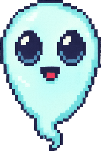 El fantasma debe tener un diseño amigable y en estilo pixel art, con cuerpo flotante de forma ovalada o en forma de gota invertida, color blanco o celeste pálido con bordes suaves y contorno oscuro para resaltar; su cara debe incluir ojos grandes y redondos con expresión simpática o curiosa, y una boca pequeña en forma de sonrisa o círculo; puede tener una animación sutil de flotación vertical, como si levitara suavemente en el aire, y opcionalmente incluir detalles como un leve brillo, transparencia o una colita ondeante en la parte inferior; el fondo debe ser transparente, y su estilo visual debe encajar en un mundo colorido y casual..
In-Game asset.  2d.  High contrast.  No shadows