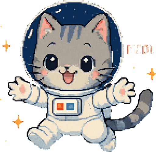 A cute gray kitten, drawn in an adorable chibi anime style and wearing an astronaut suit, floats in outer space with its little paws outstretched as if reaching out for a hug. It meows sweetly, and the entire scene is illustrated in charming Pixel Art style.