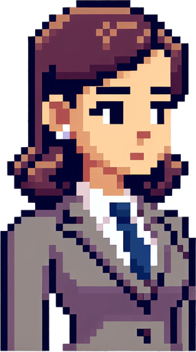 8-bit. cartoon. fancy office person. woman. seen from the side. in game assset. Single Game Texture. In-Game asset. 2d. Blank background. High contrast. No shadows.