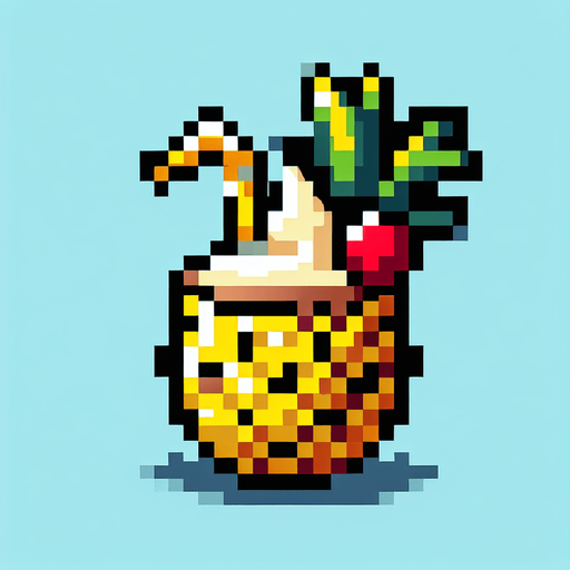 cartoon/8-bit. piña colada in a pinaple..
Single Game Texture. In-Game asset. 2d. Blank background. High contrast. No shadows.