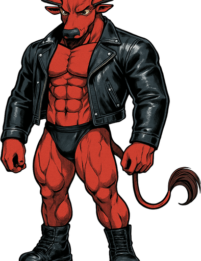 idle animation hunky Minotaur man Cyberpunk manga, minotaur monster hunk, shiny black leather biker jacket longsleeves shirtless muscles, jockstrap combat boots, Background removed, "Full-body character, entirely in frame, no cropping of face, head, or feet" "Complete character visible, from horns to hooves, fully centered in the image" "Entire character, including face and boots, fully within the frame" Character fully contained within a square frame, no edges cut off fashion model idle pose