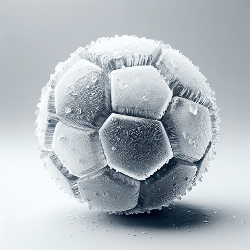pelota de futbol hecha de hielo.
Single Game Texture.  In-Game asset.  2d.  Blank background.  High contrast.  No shadows