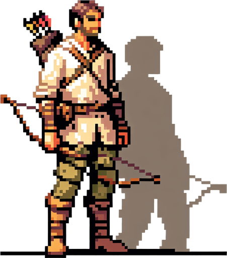8-bit character that is a hunter.
Single Game Texture. In-Game asset. 2d. Blank background. High contrast. No shadows.
