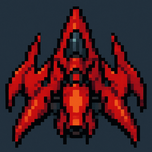 Enemy spaceship top down 2d pixilated and looking downwards.
In-Game asset.  2d.  High contrast.  No shadows