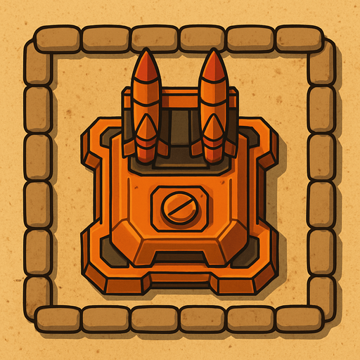 Top view of an Orange defense Military tower Rockets, in the desert, the image has a square border outlined by military defense Brown sandbags.
In-Game asset.  2d.  High contrast.  No shadows