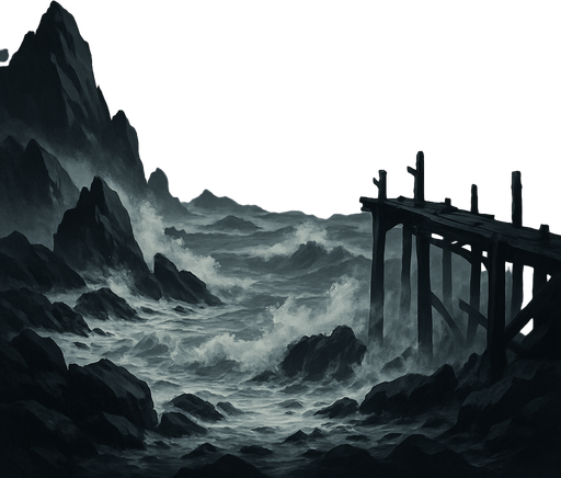 Stormy medieval coastline with jagged rocks and crashing waves, an old broken pier, sea mist, overcast skies, crows circling, moody and realistic.
In-Game asset.  2d.  High contrast.  No shadows