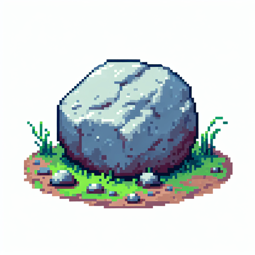 Pixel art boulder with dirt and blades of grass around the bottom. No ground or background.
Single Game Texture. In-Game asset. 2d. Blank background. High contrast. No shadows.