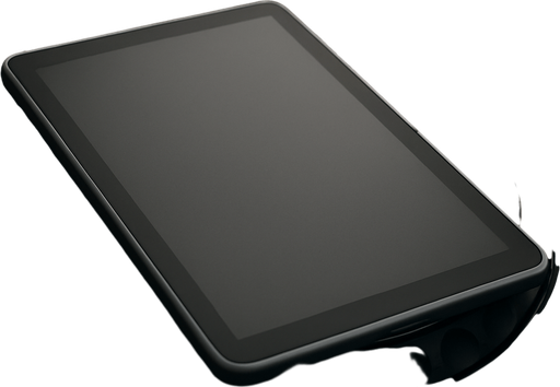 photorealistic grey Tablet lying down on dj deck, front view. The screen should be dark monocrome screen in power of mode without text.