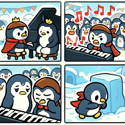4-panel comic strip, no text, cute cartoon style, bright colors, black outlines.
Characters: Penguin Hero (small, determined) + Penguin Princess (elegant, crown) + Village Penguins
Central Theme: Music connects hearts, piano mastery wins love. Story: Hero's biggest challenge - public performance disaster

Panel 1: Hero attempts to play for Princess at village gathering
Panel 2: Makes terrible mistakes, wrong red notes everywhere, crowd looks shocked
Panel 3: Princess looks disappointed, Hero devastated and embarrassed
Panel 4: Hero runs away, hiding behind ice block, feeling defeated
In-Game asset.  2d.  High contrast.  No shadows