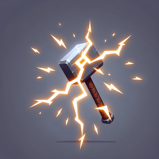 hammer with lightning.
Single Game Texture. In-Game asset. 2d. Blank background. High contrast. No shadows.