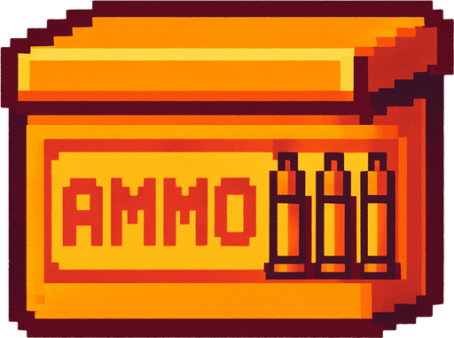 Caja de munición de colores retro pixelart.
In-Game asset.  2d.  High contrast.  No shadows